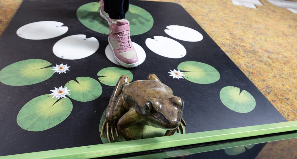A close-up of a frog game.