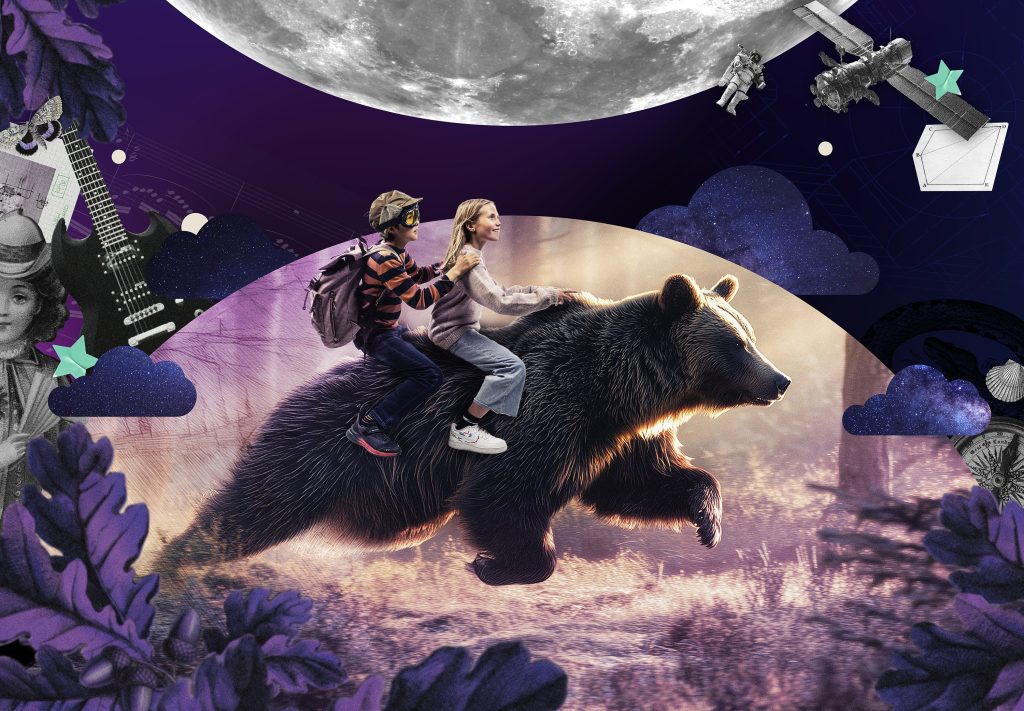 Two children are riding a bear in a surreal environment, featuring elements such as stars, the moon, a guitar, leaves, and a seashell. The image has a scrapbook-like atmosphere.